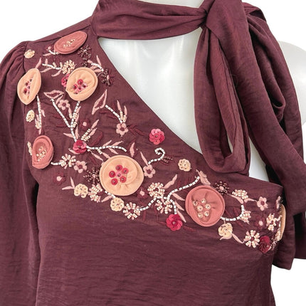Vero Moda Red Embellished Embroidered One Shoulder Tie Neck Peplum Blouse Top S