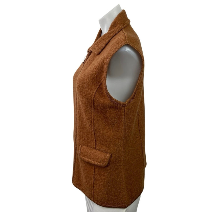 Lisa International Tan 100% Wool Sleeveless Collared Full Zip Vest Jacket Size M