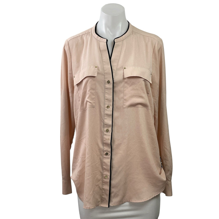 Calvin Klein Women's Pink Mandarin Collar Long Sleeve Button Down Blouse Top M
