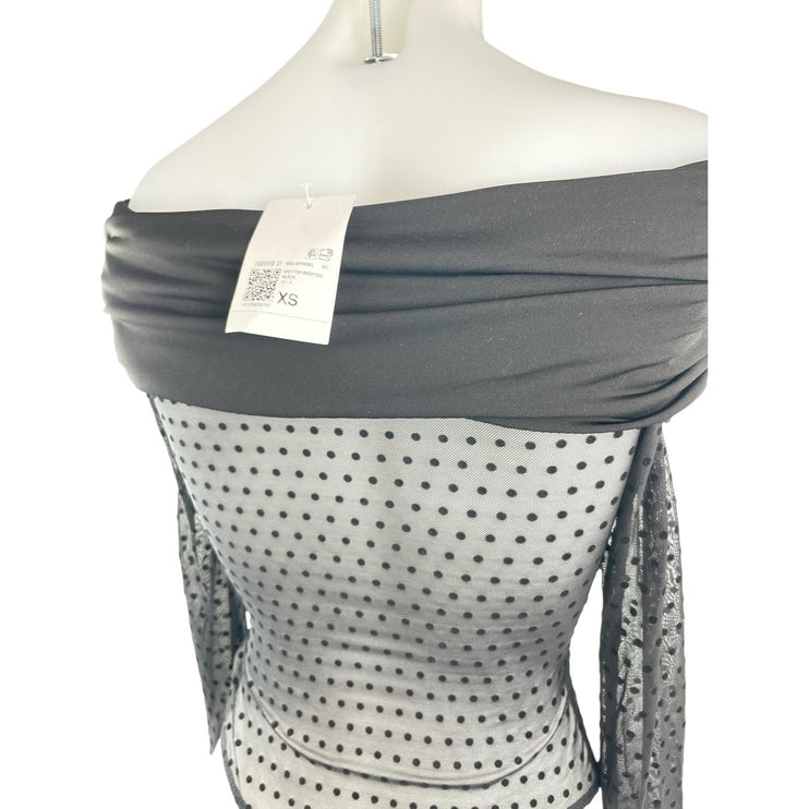 NEW Forever 21 Black Off The Shoulder Polka Dots Mesh Sheer Bodysuit Top Size XS