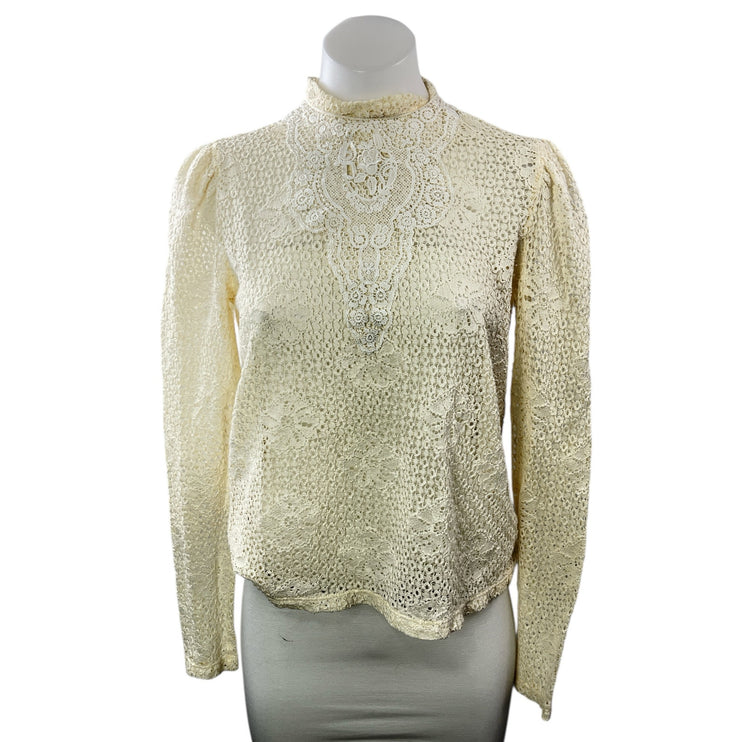 Philosophy Cream Floral Lace Embroidered Mock Neck Long Sleeve Blouse Top Size S