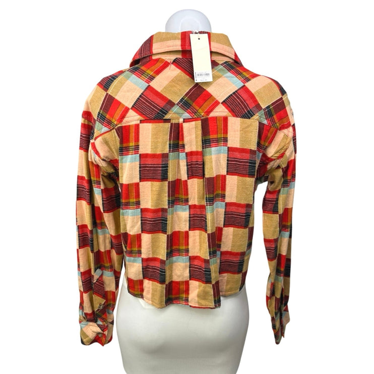 NEW Gilded Intent Multicolor Check Plaid Flannel Button Crop Shirt Blouse Top XS