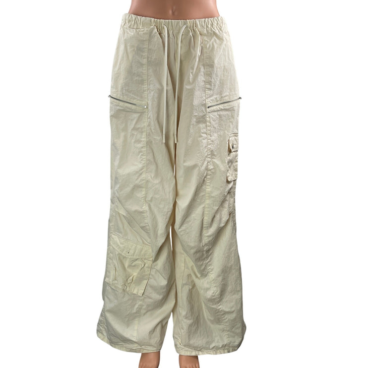 Tiger Mist Cream High Rise Baggy Wide Leg Parachute Cargo Trouser Pants Size L