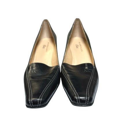 AK Anne Klein Women's Black Leather Slip On Square Toe Blook Heels Size 9M