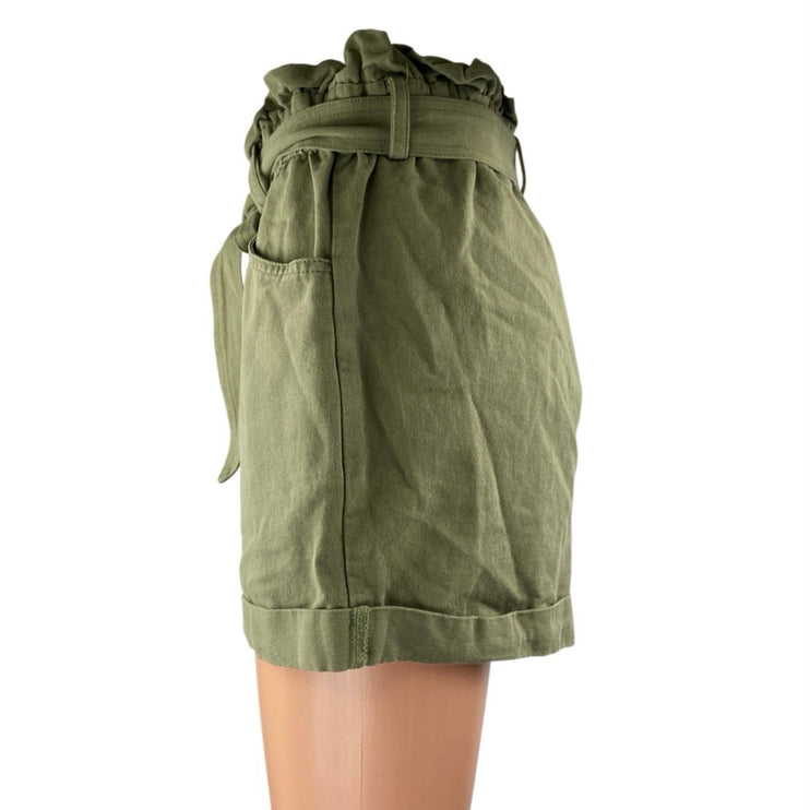 Aqua Women's Green High Waisted Belted Pocket Casual Paperbag Mini Shorts Size S