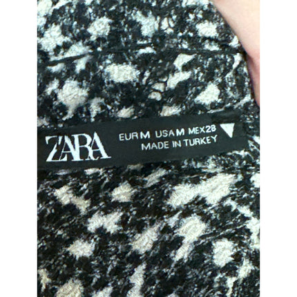 Zara Black White Short Sleeve Ruffle Abstract Turtleneck Mini Shift Dress Size M