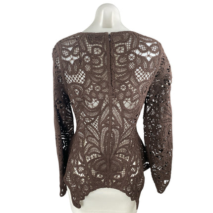 & Other Stories Women Brown Crochet Lace Open Sheer Peplum Knit Blouse Top Sz S