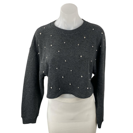 Zara Women's Gray Rhinestone Crew Neck Long Sleeve Crop Sweatshirt Sweater Top M