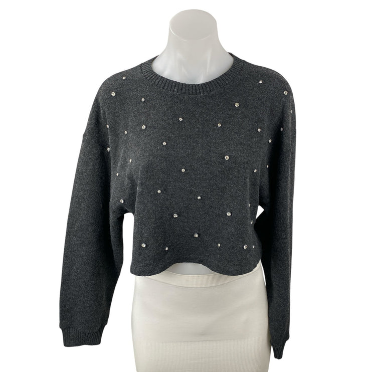 Zara Women's Gray Rhinestone Crew Neck Long Sleeve Crop Sweatshirt Sweater Top M