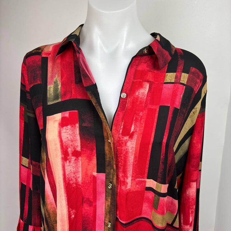 Rafaella Red Abstract Print Button Down Collar Bell Sleeve Midi Shirt Dress Sz 6