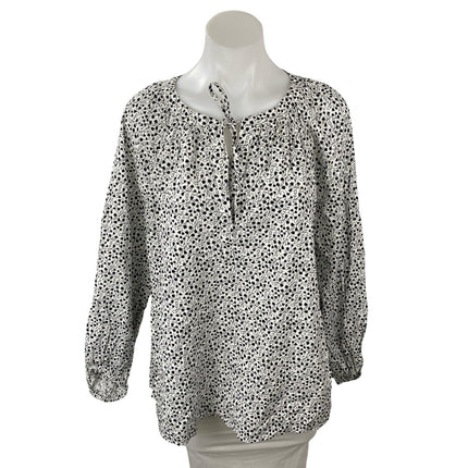 Ann Taylor Loft Black White Floral Tie Neck Long Sleeve Peasant Blouse Top Sz L