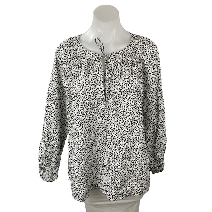 Ann Taylor Loft Black White Floral Tie Neck Long Sleeve Peasant Blouse Top Sz L
