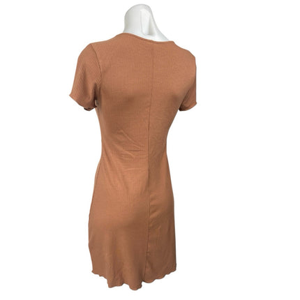 BP. Brown Short Sleeve Ribbed Knit Tie Ruched Lettuce Mini A Line Dress Size M