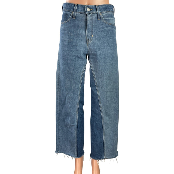 Women's Blue High Rise Two Tone Frayed Hem Slim Wide Leg Denim Jeans Pants Sz 26