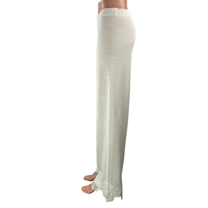 Meshki Women's White High Rise Knit Semi Sheer Wide Leg Trousers Pants Size S