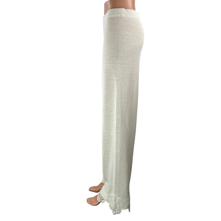 Meshki Women's White High Rise Knit Semi Sheer Wide Leg Trousers Pants Size S