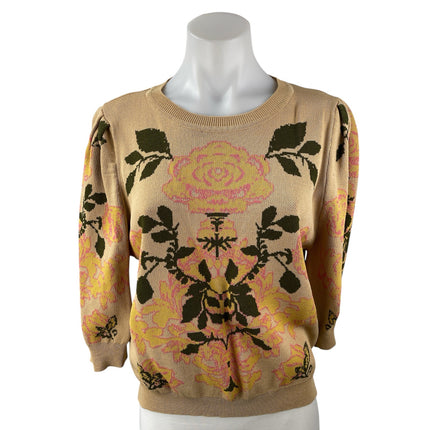 En Creme Women's Beige Tan Floral Long Sleeve Crew Neck Knit Sweater Top Sz M