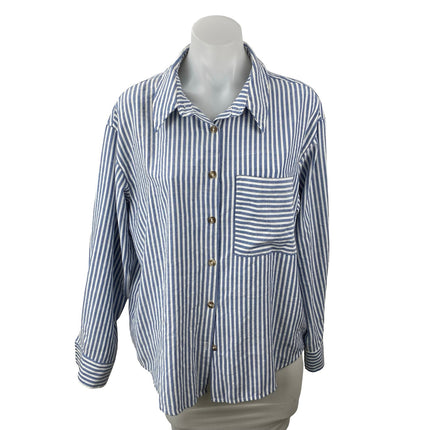 By Together Women's Blue Striped Pocket Long Sleeve Button Down Shirt Top Size S