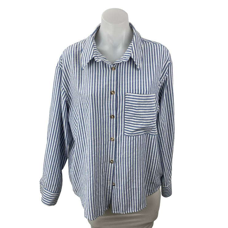 By Together Women's Blue Striped Pocket Long Sleeve Button Down Shirt Top Size S