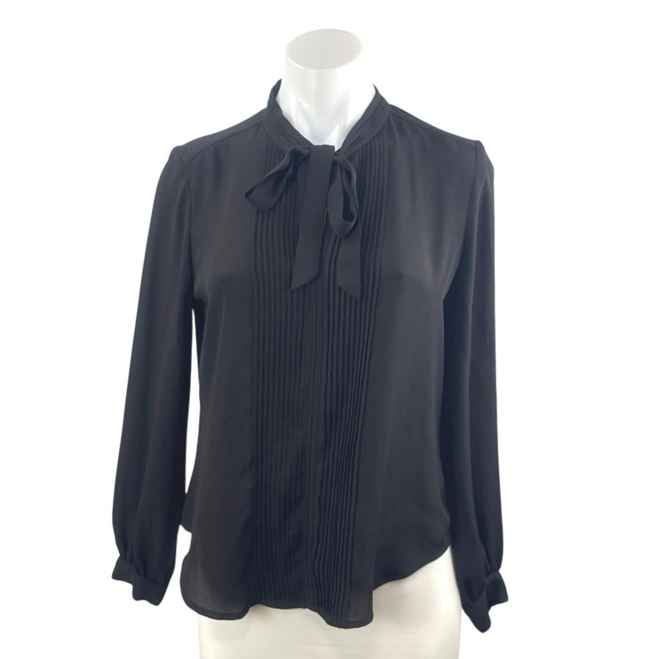 Banana Republic Black Pintuck Pleats Tie Neck Long Sleeve Shirt Blouse Top XS
