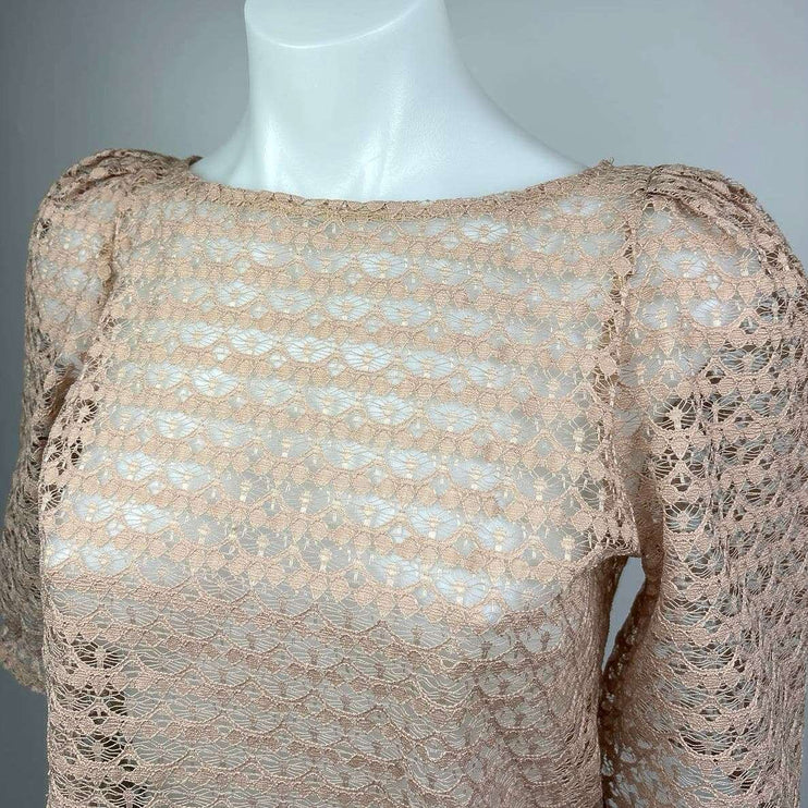 American Apparel Beige Tan Sheer Lace Puff Sleeve Boat Neck Crop Top Blouse XS