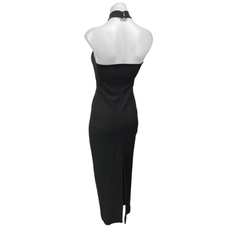 NA-KD Black Sleeveless Rose Halter High Neck Slit Midi Maxi Bodycon Dress XS