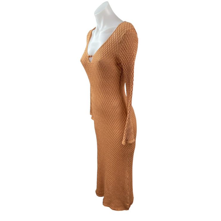 Pretty Lavish Gold Hardware Crochet Knit V Neck Maxi Bodycon Sweater Dress Sz S