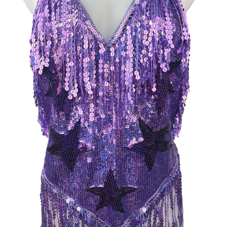 Purple Star Sequins Fringe V Neck Halter Tie Sexy Dance Outfit Bodysuit Romper L