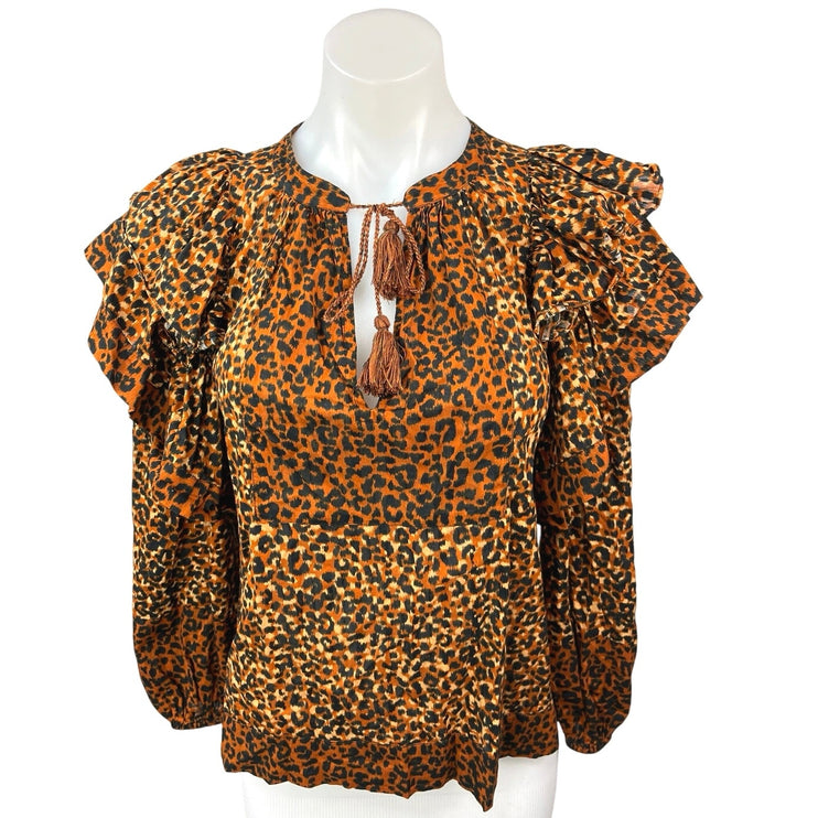 Ulla Johnson Brown Carissa Leopard Animal Print Tassel Tie Ruffle Blouse Top 0