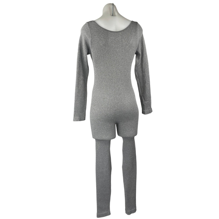 FCT with Love Gray Ribbed Knit Long Sleeve Square Neck One Piece Jumpsuit Size S