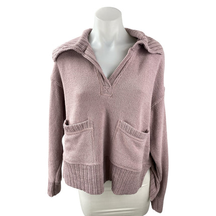 Free People Grace Pink Mauve Collared Pockets Long Sleeve Knit Sweater Top Sz XS