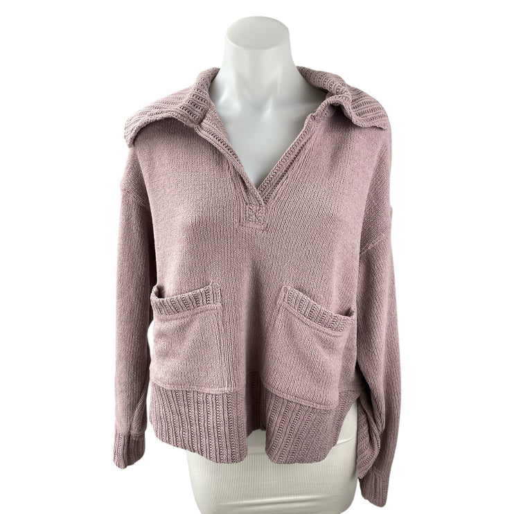 Free People Grace Pink Mauve Collared Pockets Long Sleeve Knit Sweater Top Sz XS