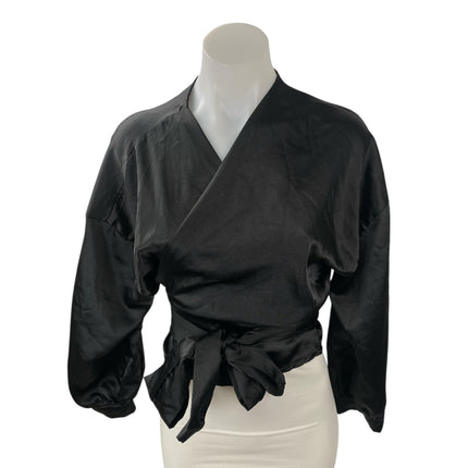 Boohoo Women's Black Silk Satin Long Sleeve Tie Cropped Wrap Blouse Top Size S