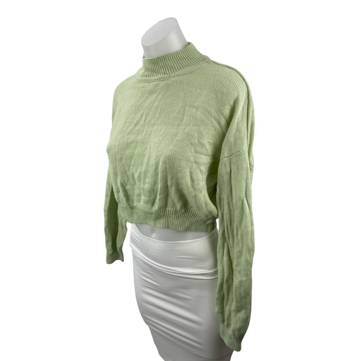 H&M Women's Green Ribbed Knit Long Sleeve Mock Neck Cropped Sweater Top Size S