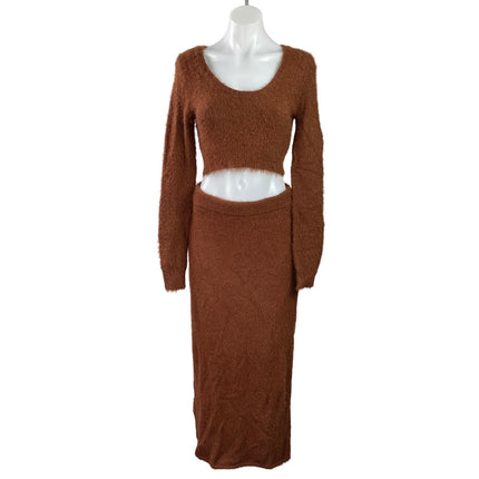Asos Women's Brown Eyelask Knit Fuzzy Long Sleeve Sweater Midi Skirt Set 4/6