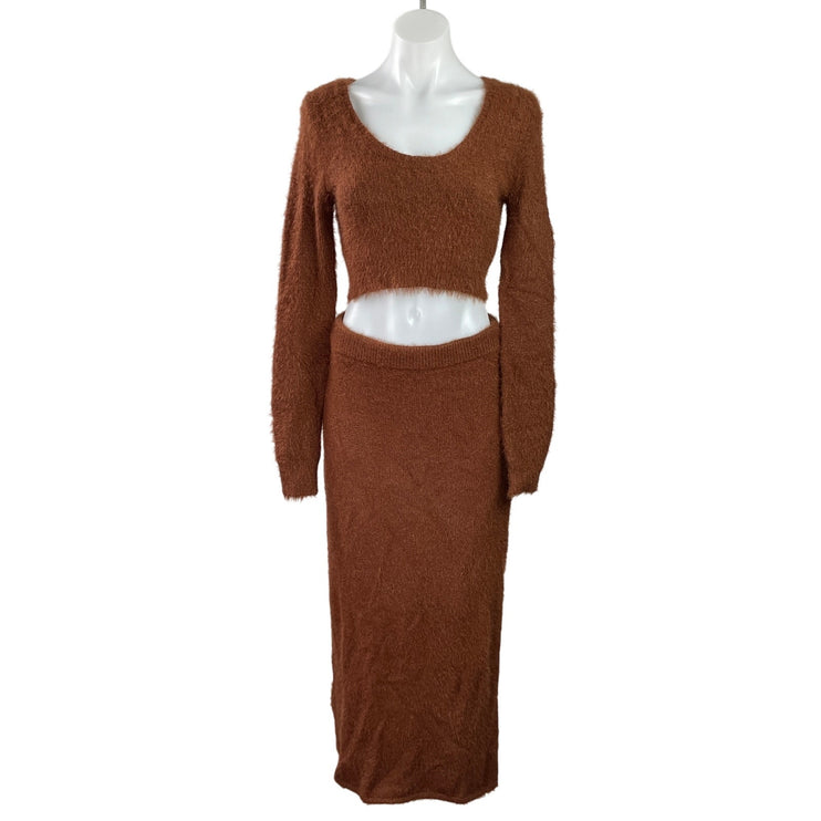 Asos Women's Brown Eyelask Knit Fuzzy Long Sleeve Sweater Midi Skirt Set 4/6
