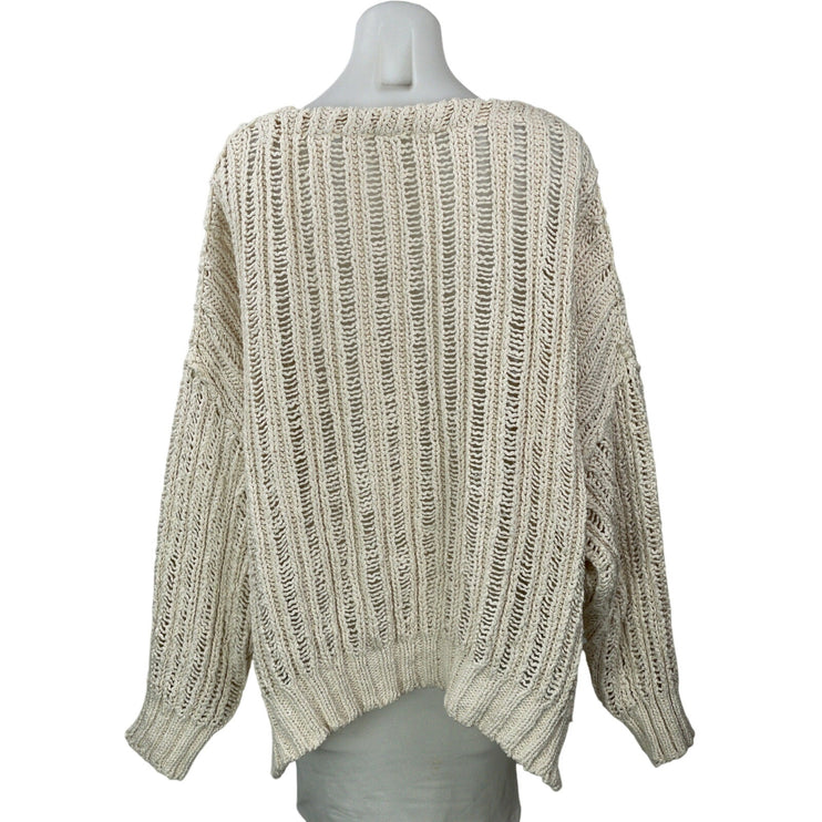 Free People Infinite Women Beige Chunky Knit Oversized V Neck Sweater Top Size M