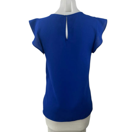 Zara Women's Blue Short Ruffle Flutter Sleeve Round Neck Pleated Blouse Top Sz S