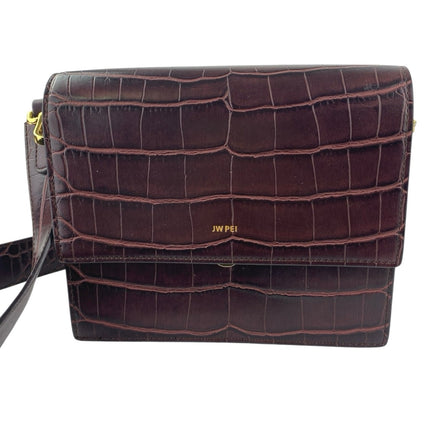 JW Pei Women's Burgundy Faux Leather Vegan Croc Mini Flap Crossbody Handbag OS