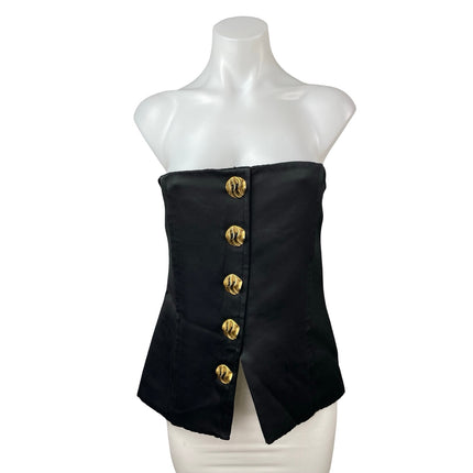 Women Black Gold Button Down Strapless Sleeveless Bandeau Tube Blouse Top Size L