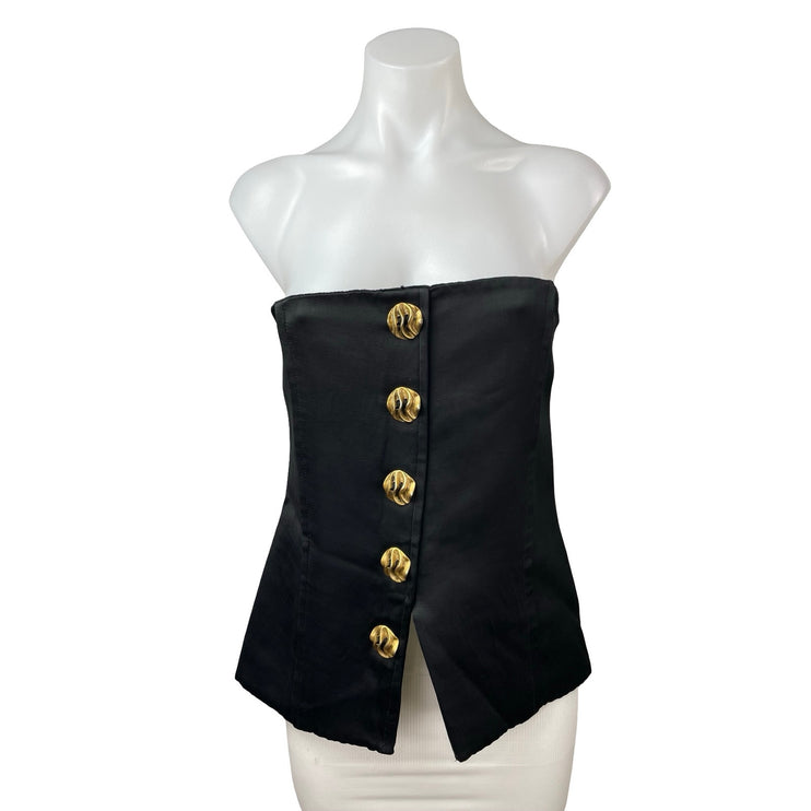 Women Black Gold Button Down Strapless Sleeveless Bandeau Tube Blouse Top Size L
