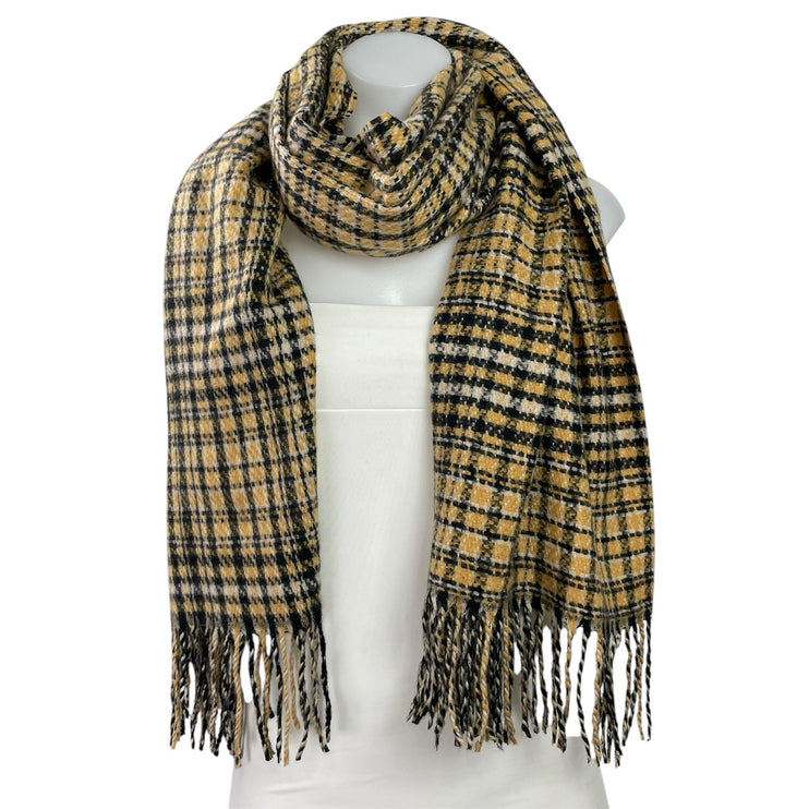 Women's Yellow Black Plaid Check Knit Fringe Snow Shawl Wrap Neck Scarf Size OS
