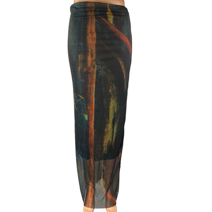 Women's Black Multicolor Abstract Paint Mesh High Waisted Maxi Skirt Size S