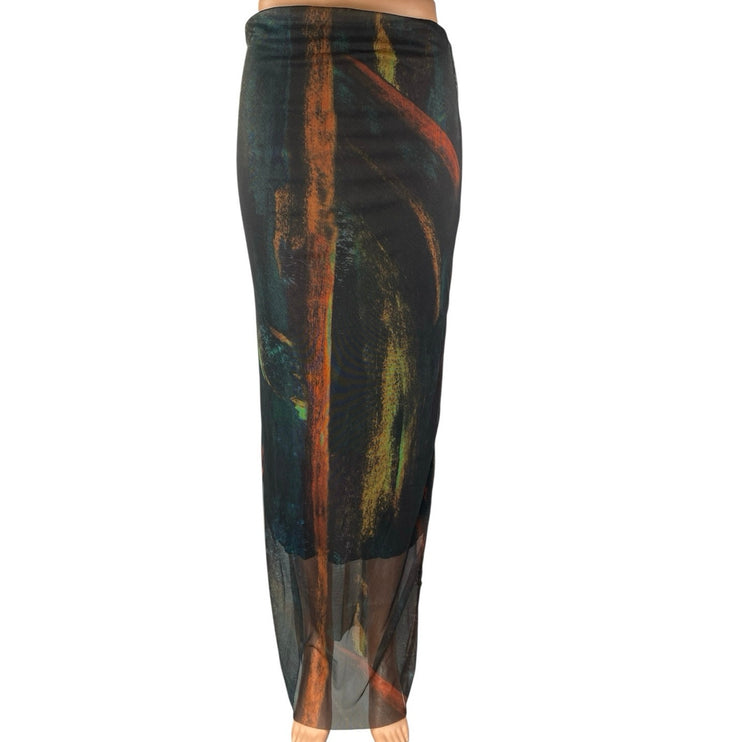 Women's Black Multicolor Abstract Paint Mesh High Waisted Maxi Skirt Size S