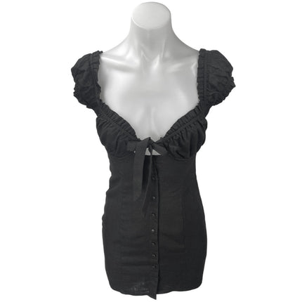 Princess Polly Black Linen Short Puff Sleeve Tie Button Up Mini Bodycon Dress 2