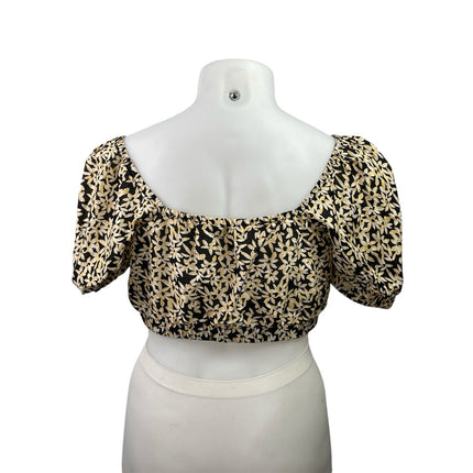 & Other Stories Women's Black Yellow Floral Short Puff Sleeve Blouse Crop Top L