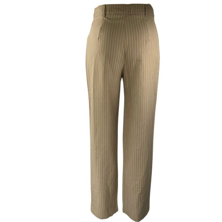 Princess Polly Women's Brown Tan Striped Pleated Straight Trousers Dress Pants 2