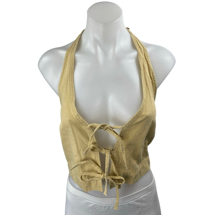 NEW MNG Mango Yellow Sleeveless Halter Tie Knot Open Back Vest Crop Top Size XS