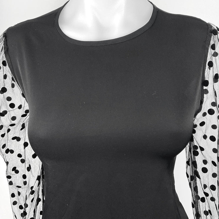 Shein Black Crew Neck Polka Dot Mixed Mesh Puff Long Sleeve Blouse Top Size 6