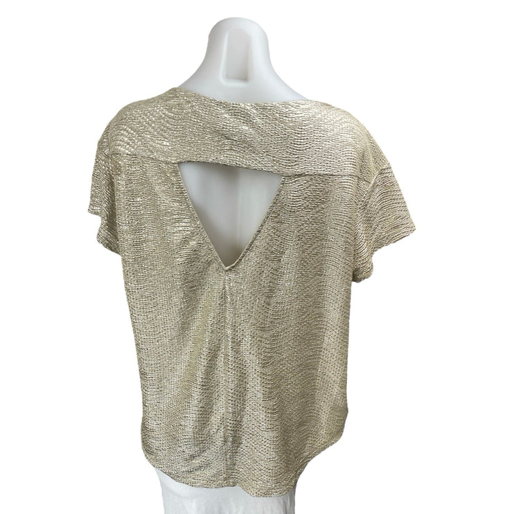 BCBGeneration Womens Beige Metallic Short Sleeve Cutout Blouse Shirt Top Size S